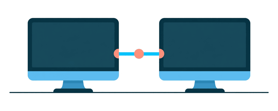 Illustration: two identical monitors side by side joined by a thin blue line, each marked with a coral circle
