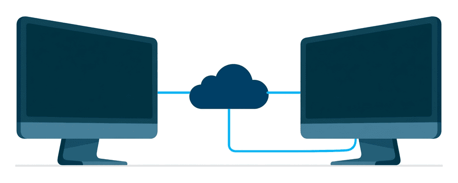 Illustration: two monitors far apart with a navy cloud between them and a blue line passing through it