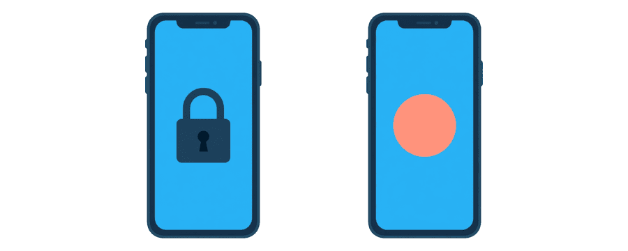 Illustration: two smartphones lying flat, one showing a closed padlock and one showing a coral circle