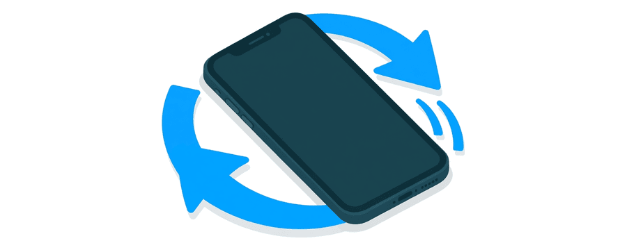 Illustration: a smartphone with a blue circular arrow around it and small blue arcs beside it
