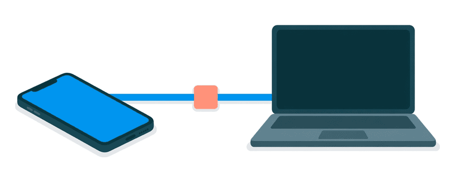 Illustration: a blue line between a smartphone and a laptop with a break and a coral square at it