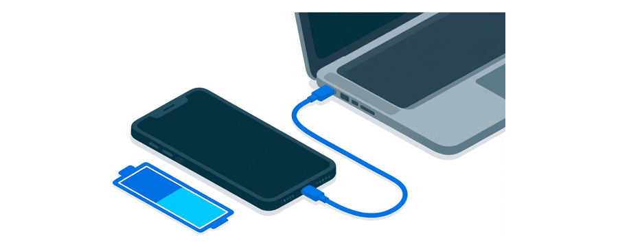 Illustration: a smartphone with a nearly full blue battery beside it and a cable to a laptop