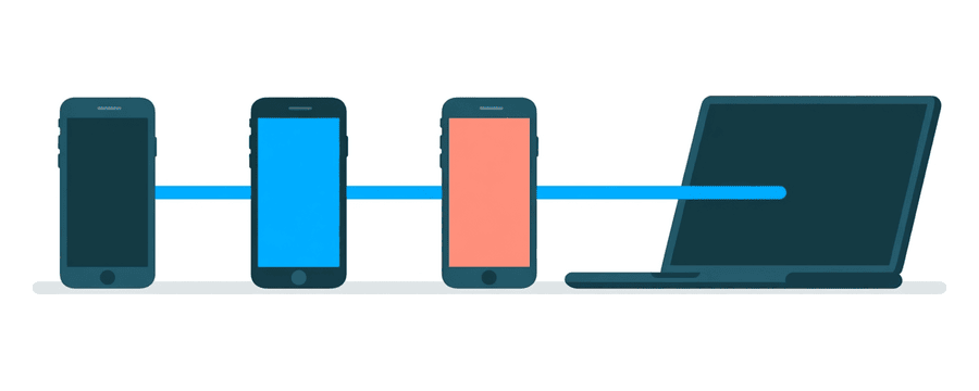 Illustration: three smartphones in a row each joined by a short blue line to one laptop