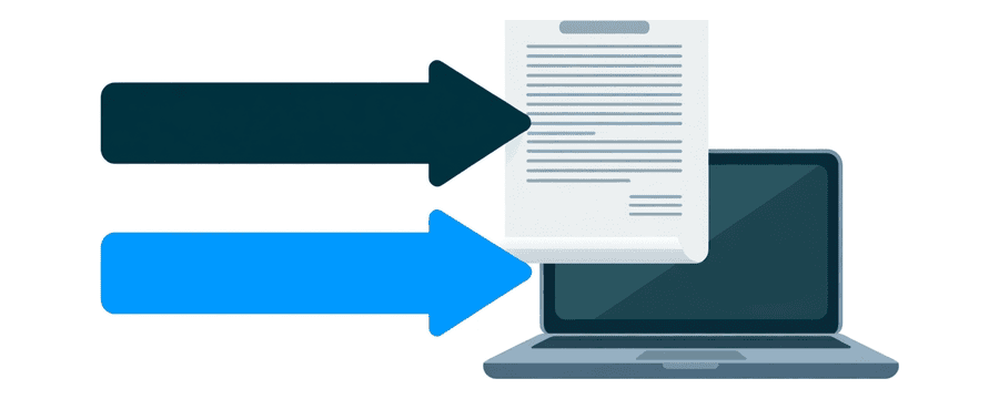 Illustration: two blue arrows side by side, one ending at a document page and one at a laptop
