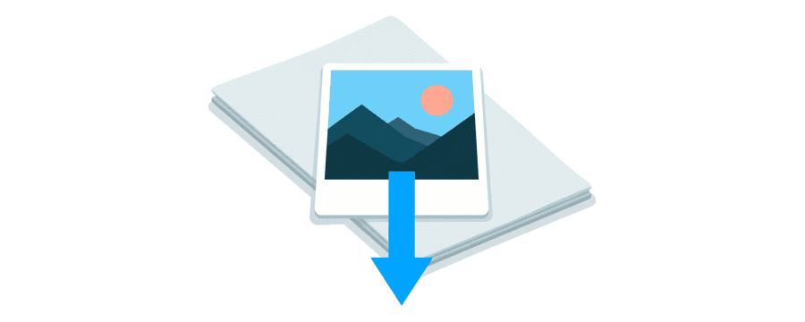 Illustration: a photo card resting on a plain document page with a blue arrow pointing down onto it