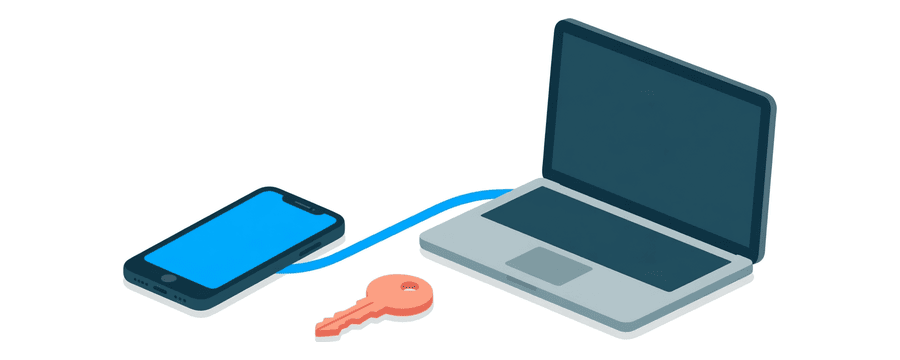 Illustration: a smartphone and a laptop joined by a blue line with a coral key between them