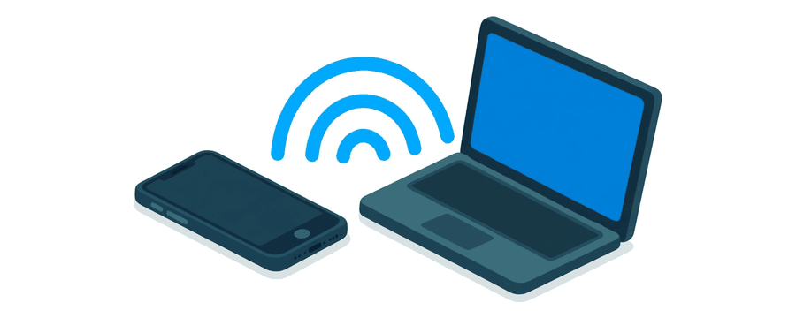 Illustration: three curved blue arcs in the gap between a smartphone and a laptop