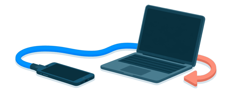 Illustration: a blue cable between a smartphone and a laptop with a coral circular arrow beside them