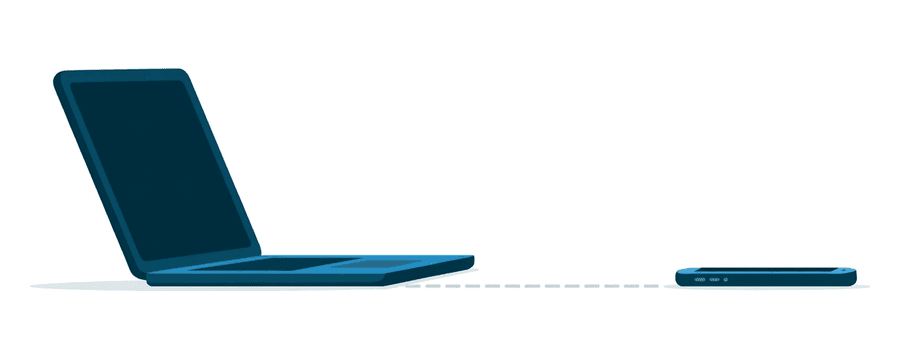 Illustration: a laptop and a smartphone far apart with a faint grey dashed line between them