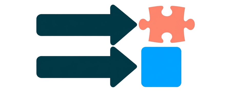 Illustration: two arrows side by side, one ending at a coral puzzle piece and one at a blue card
