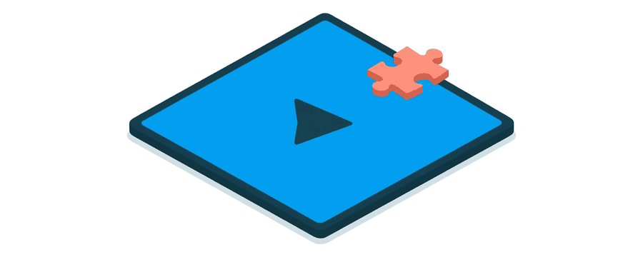 Illustration: a flat screen with a play symbol and one coral puzzle piece slotting into its corner
