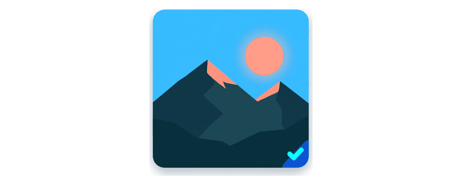 Illustration: a photo card showing a mountain and sun, with a small blue tick in its corner