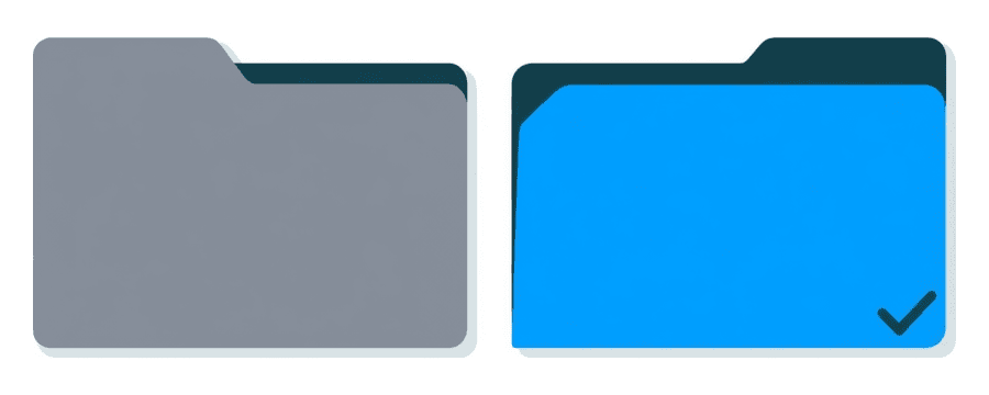 Illustration: two file cards side by side, the left one grey and the right one blue with a tick