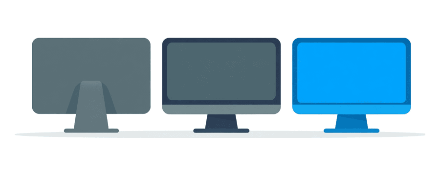 Illustration: three desktop monitors in a row, two grey and one blue