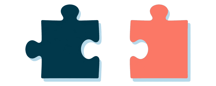 Illustration: two flat puzzle pieces lying apart, one navy and one coral, with a wide empty gap between them