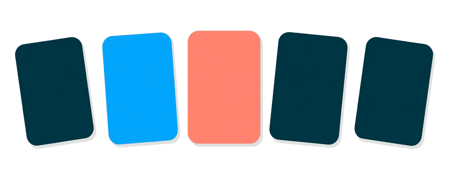 Illustration: five plain rounded cards in a row, four navy and the middle one coral