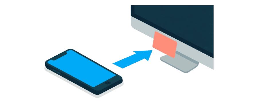 Illustration: a smartphone on the left with one straight blue arrow pointing to a desktop monitor, a small coral image card at the arrow tip