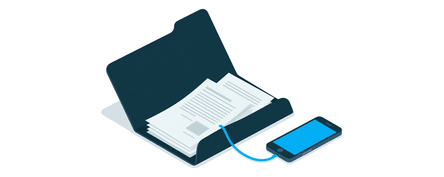Illustration: an open navy folder with three plain document pages spread out of it, joined by a thin blue line to a smartphone