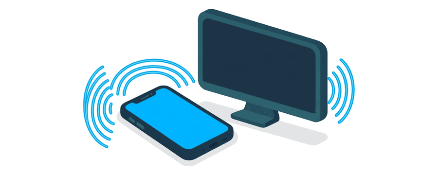Illustration: a smartphone and a desktop monitor inside one rounded outline, joined by three curved blue signal arcs