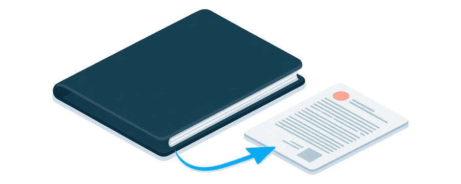 Illustration: a closed navy folder with a thin blue arrow curving to a single plain document page card