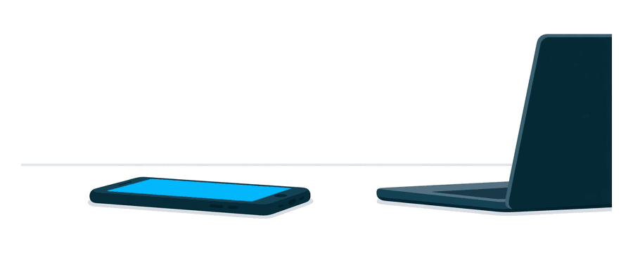 Illustration: a smartphone lying on the left and a closed laptop far to the right, with a wide empty gap between them