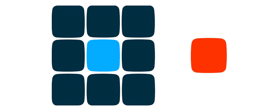Illustration: a grid of nine plain tiles on the left and one coral tile by itself far to the right, with a wide empty gap