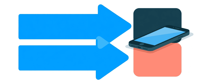 Illustration: two straight blue arrows side by side pointing right toward one smartphone, one from a navy tile and one from a coral box
