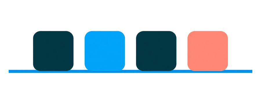 Illustration: four small rounded square cards in a row along one thin blue line, the first three navy and the last one coral