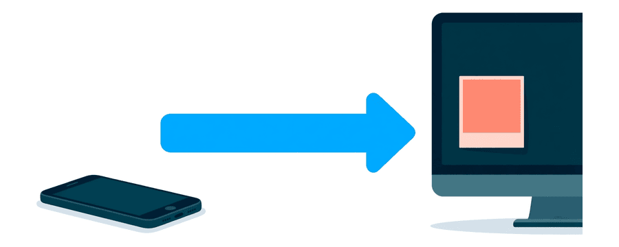 Illustration: a smartphone at the left with one long straight blue arrow leading right to a desktop monitor, and a small coral picture card resting on the monitor