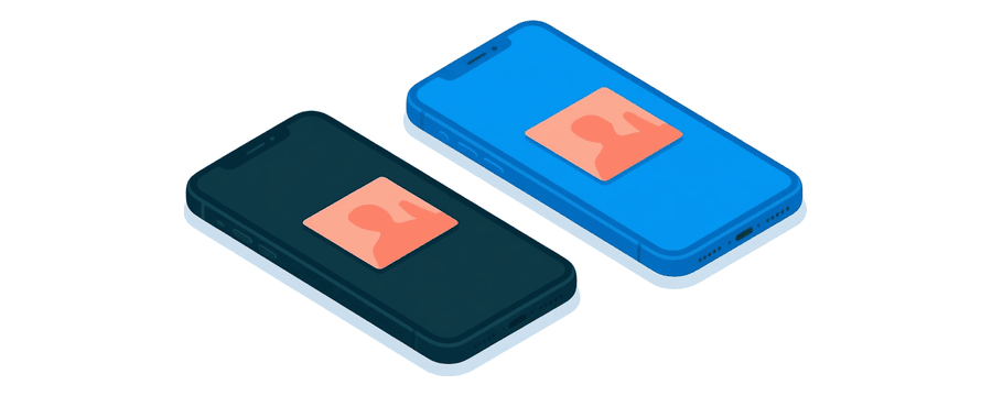 Illustration: two smartphones lying flat side by side, one navy and one bright blue, each with a small coral picture card resting on it