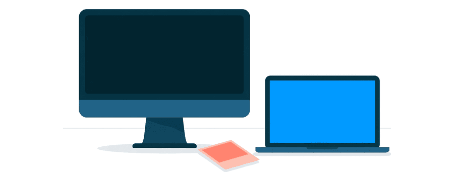 Illustration: a desktop monitor and a laptop side by side, one navy and one bright blue, with a small coral picture card between them