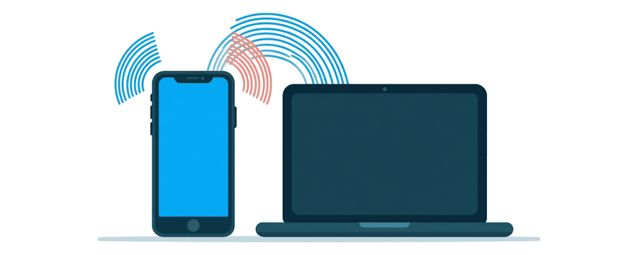 Illustration: a smartphone and a laptop with curved blue signal arcs arching between them