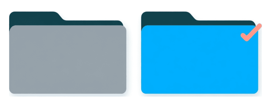 Illustration: two folders side by side, the left one grey and the right one blue with a tick