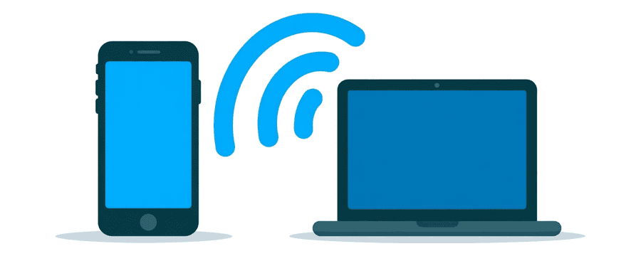 Illustration: a smartphone and a laptop standing apart with blue signal arcs in the gap between them