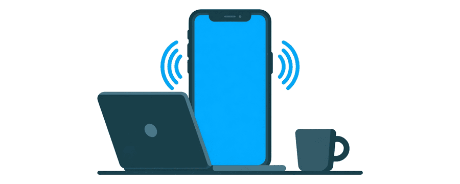 Illustration: a smartphone giving off blue signal arcs beside a laptop and a coffee cup