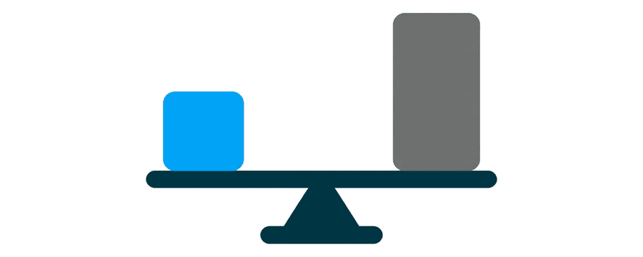 Illustration: a balance scale with one small blue square on one side and a stack of grey squares on the other