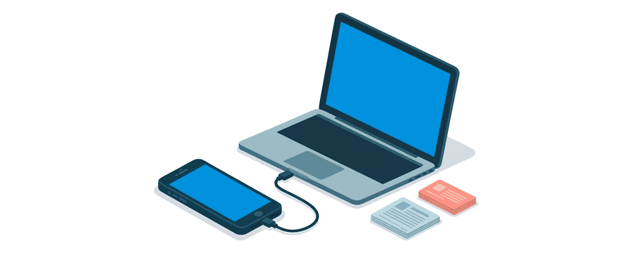 Illustration: a smartphone joined to a laptop by a short cable, with plain document cards beside them