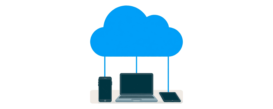 Illustration: a cloud with thin blue lines running down to a smartphone, a laptop and a tablet