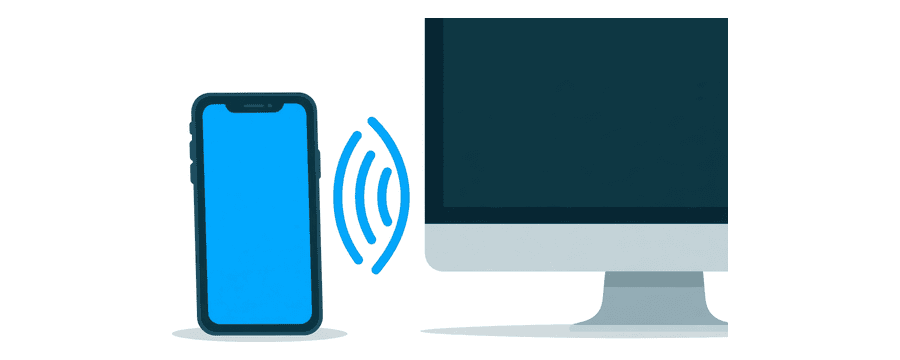 Illustration: a smartphone and a desktop monitor with blue signal arcs in the gap between them