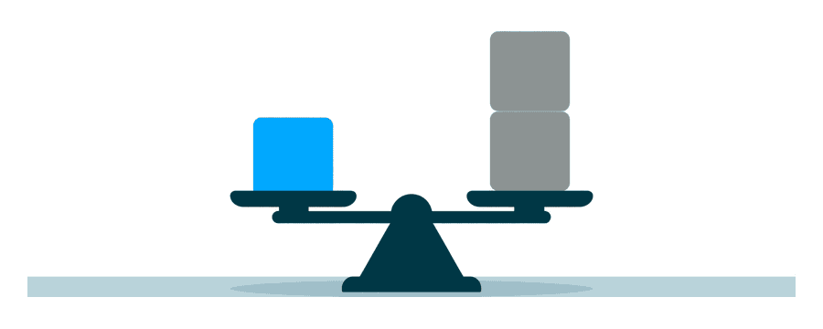 Illustration: a balance scale with one small blue square on one side and a stack of grey squares on the other