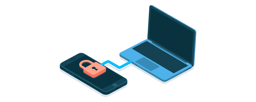 Illustration: a smartphone showing an open padlock, joined by a blue line to a laptop