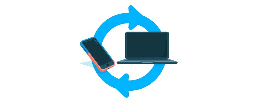 Illustration: a smartphone and a laptop with one large blue circular arrow looping around both