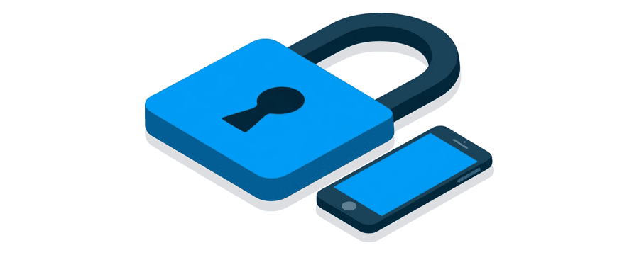 Illustration: a large closed blue padlock lying beside a smartphone