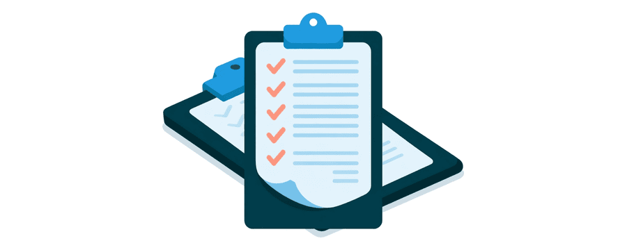Illustration: a plain clipboard lying flat with a column of small coral ticks down one side
