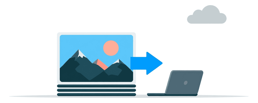 Illustration: a stack of photo cards with a blue arrow to a laptop, and a small grey cloud far off to the side