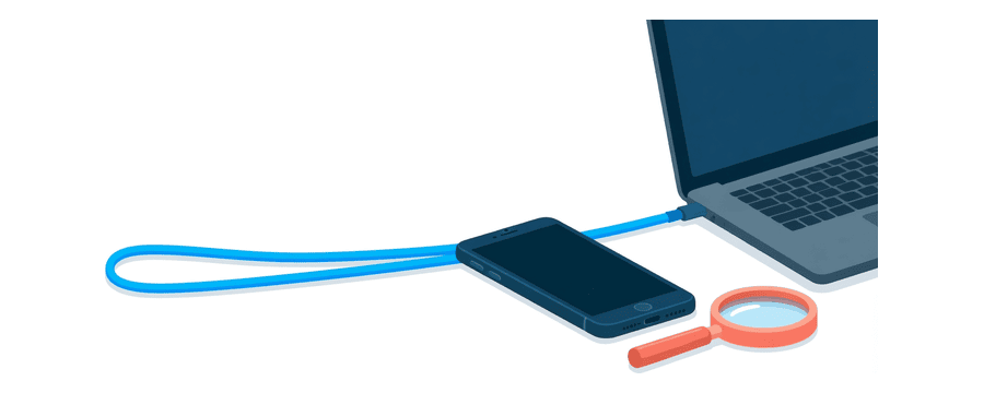 Illustration: a straight blue cable between a smartphone and a laptop, with a coral magnifying glass beside the smartphone