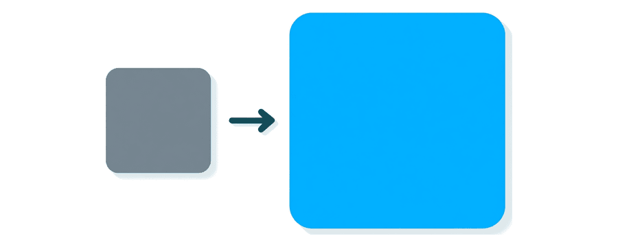 Illustration: a small grey square with an arrow pointing to a much larger blue square
