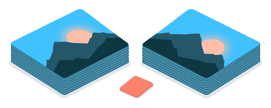 Illustration: two identical stacks of photo cards side by side with a coral tick between them