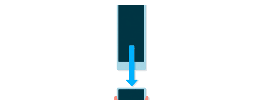 Illustration: a tall column of photo cards with a long blue arrow pointing down to the last card