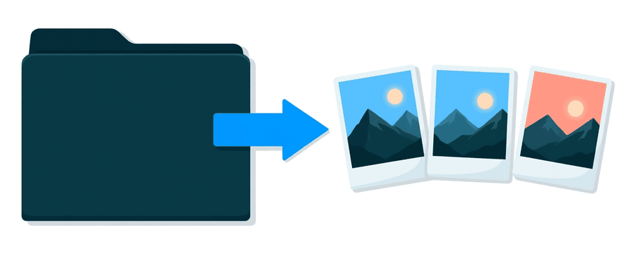 Illustration: three photo cards with a blue arrow pointing into a plain folder